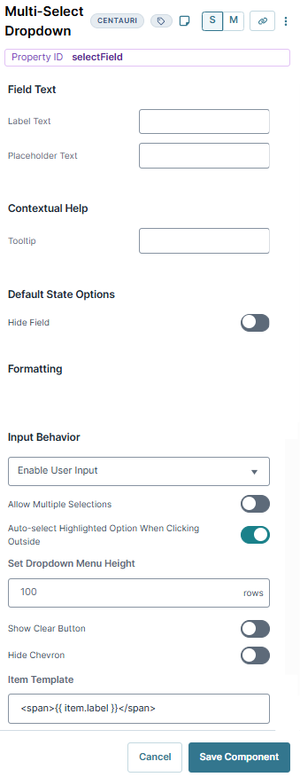 A static image displaying the Multi-Select Dropdown component's Display settings.